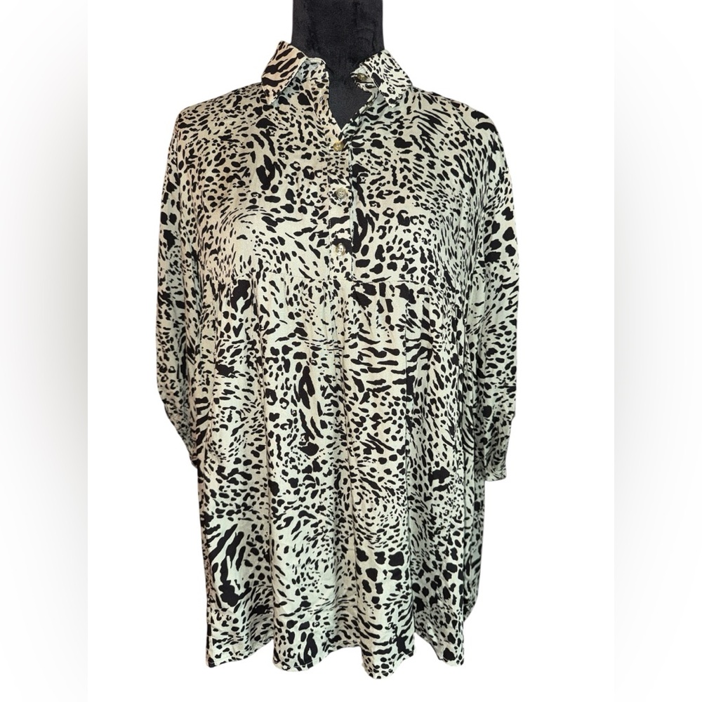 Umgee Leopard Collared 3/4 Sleeve Babydoll Tunic, Size Oversized Small, NWT